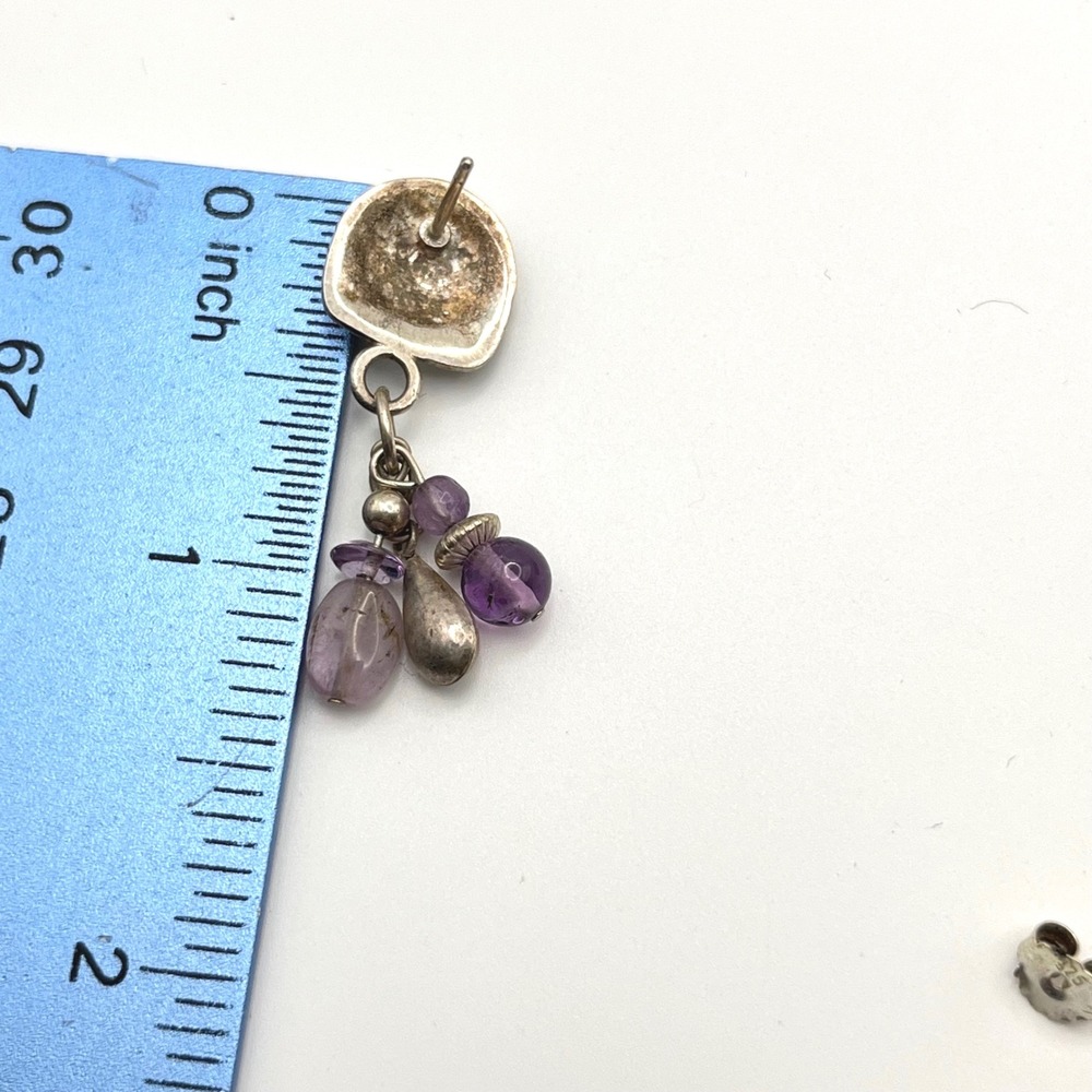 Vintage Sterling Silver Amethyst Brutalist Cluster Drop Earrings Purple Stone - Picture 4 of 6
